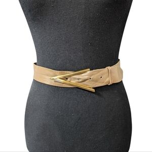 Vintage Tan Taupe Leather Belt Retro Mixed Metal Buckle Size S